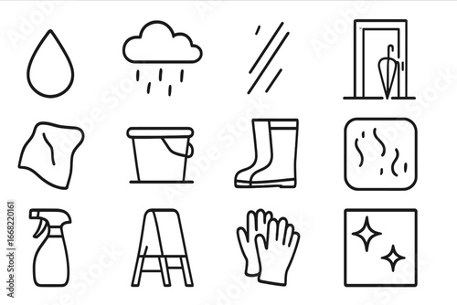 Rainy Window Cleaning Icons. Outline icon set of rainy window cleaning: raindrop icon, cloudy sky, streak mark