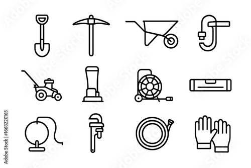 Outdoor Drainage Icon Set. Outline icon set of outdoor water drainage tools: shovel, pickaxe, wheelbarrow,