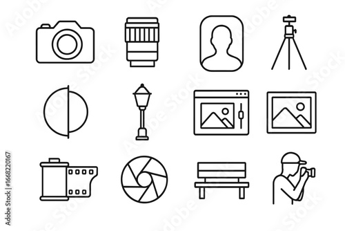 Outdoor Photography Icons. Outline icon set of outdoor black and white portraits: camera, lens, portrait