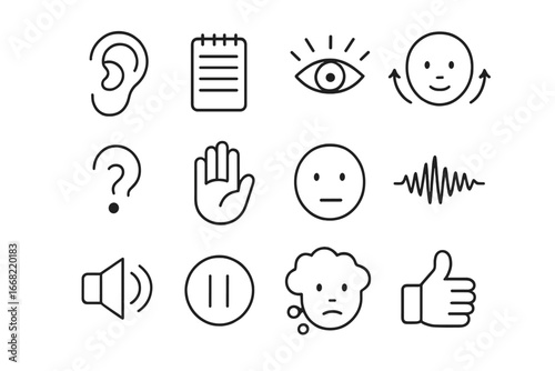 Active Listening Icons. Outline icon set of active listening techniques: ear icon, notepad, eye contact,