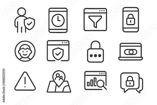 Digital Safety Icons. Outline icon set of digital child safety: parental controls, screen time timer, content