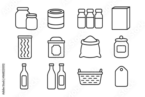 Pantry Shelf Icons. Outline icon set of pantry shelf organization: jars, cans, spice bottles, cereal box,