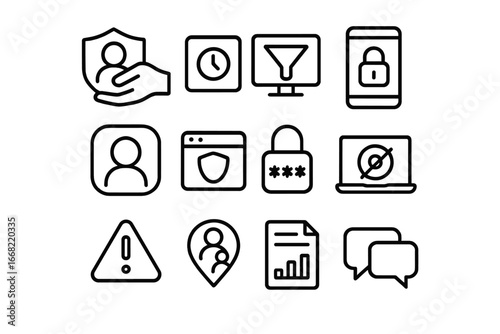 Digital Safety Icons. Outline icon set of digital child safety: parental controls, screen time timer, content