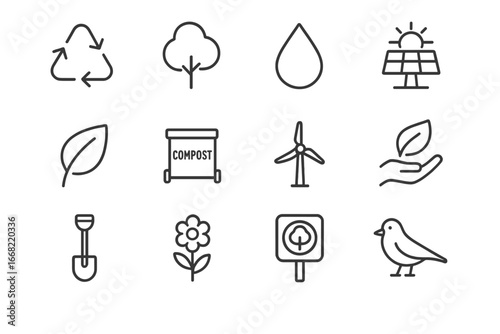 Park Conservation Icons. Outline icon set of park conservation: recycling arrows, tree, water droplet, solar