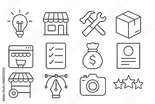 Entrepreneurial Icons Grid. Outline icon set of creative entrepreneurship during sabbatical: idea bulb, shop