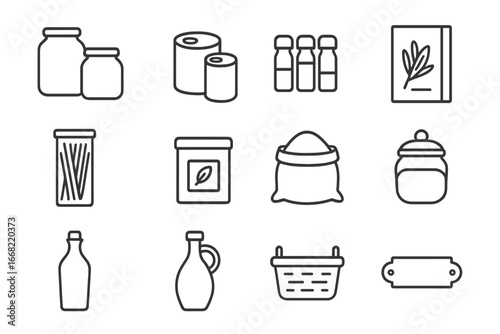 Pantry Shelf Icons. Outline icon set of pantry shelf organization: jars, cans, spice bottles, cereal box,