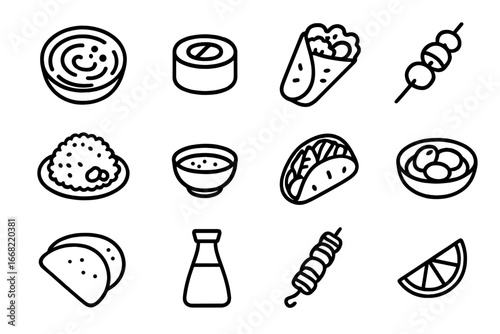 Mediterranean-Asian Icon Grid. Outline icon set of Mediterranean-Asian fusion: hummus bowl, sushi roll,