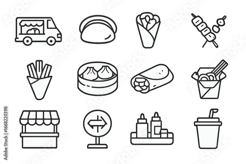 Street Food Fusion Icons. Outline icon set of street food fusion: taco truck, bao bun, gyro wrap, satay skewer