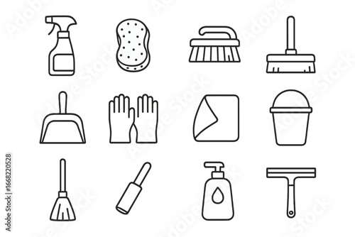 Pegboard Cleaning Icons. Outline icon set of cleaning supplies pegboard: spray bottle, sponge, scrub brush,