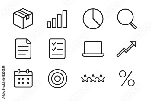 Performance Tracking Icons. Outline icon set of product performance tracking: product box, bar chart, pie