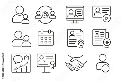 Workplace Mentorship Icons. Outline icon set of workplace mentorship programs: mentorship logo, match process,