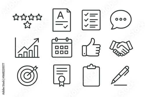 Performance Feedback Icons. Outline icon set of performance feedback: star rating, report card, checklist,