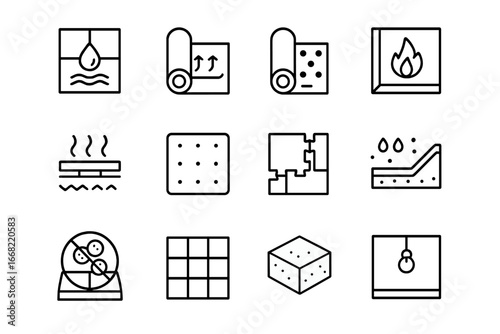 Basement Flooring Icons. Outline icon set of basement flooring solutions: damp-proof tile, vapor barrier mat,