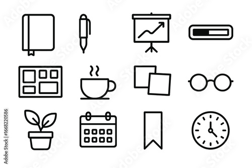 Personal Growth Icons. Outline icon set of personal growth journaling: journal, pen, goal chart, progress bar,