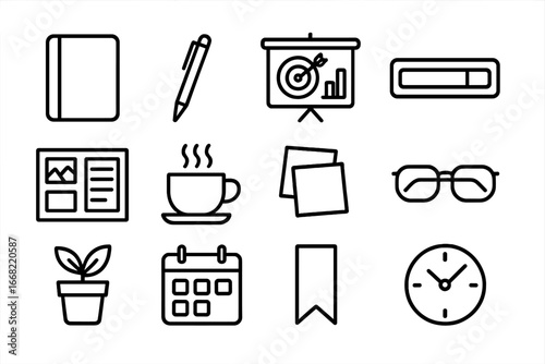 Personal Growth Icons. Outline icon set of personal growth journaling: journal, pen, goal chart, progress bar,