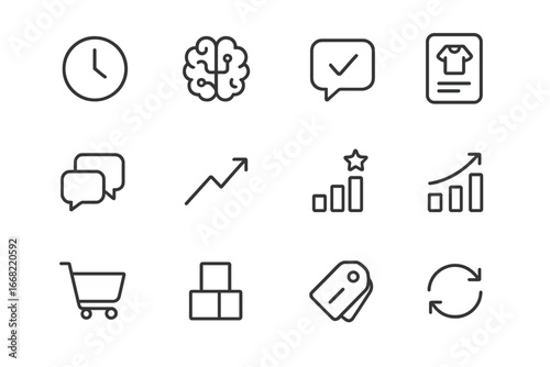 Personalization Tools Icons. Outline icon set of real-time personalization tools: clock, AI brain,