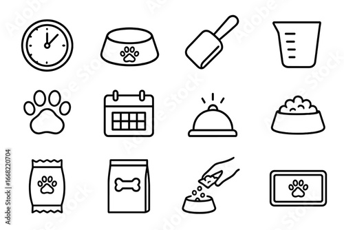 Pet Feeding Icons. Outline icon set of pet feeding time: clock, bowl, scoop, measuring cup, paw print,