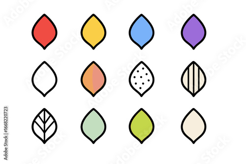 Petal Icon Set. Outline icon set of petal color variations: red petal, yellow petal, blue petal, purple petal,