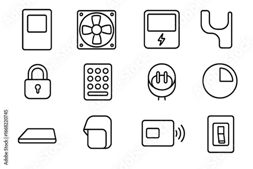 Charging Station Icons. Outline icon set of charging station hardware: metal housing, cooling fan, charging