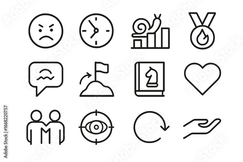 Language Learning Icons. Outline icon set of overcoming language learning challenges: frustration emoji, time