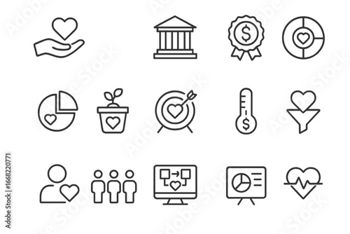 Philanthropy Icon Set. Outline icon set of philanthropy and capital: giving hand, foundation building, grant