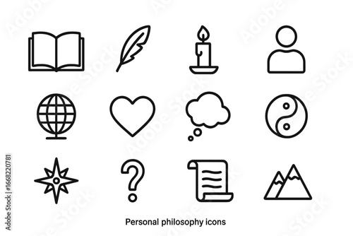 Philosophy Icons Grid. Outline icon set of personal philosophy: open book, quill pen, candle, human figure,