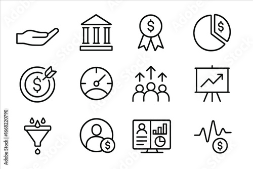 Philanthropy Icon Set. Outline icon set of philanthropy and capital: giving hand, foundation building, grant