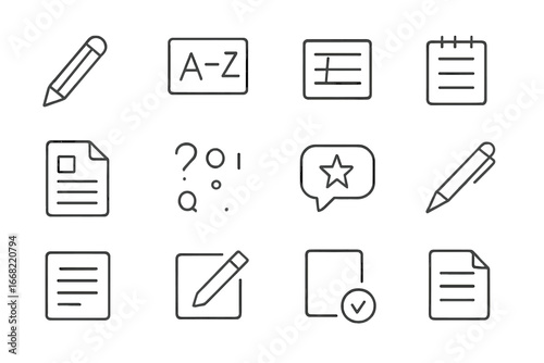 Writing Skills Icons. Outline icon set of writing skills development: pencil icon, grammar rule, sentence