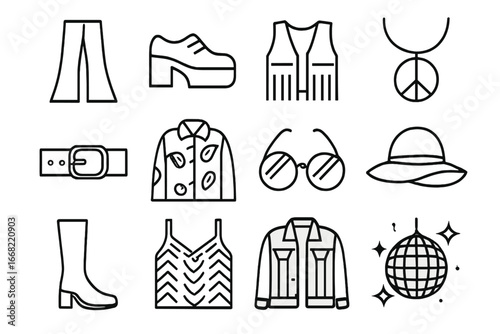 70s Fashion Icons. Outline icon set of 70s fashion trends: bell-bottom pants, platform shoes, fringed vest,