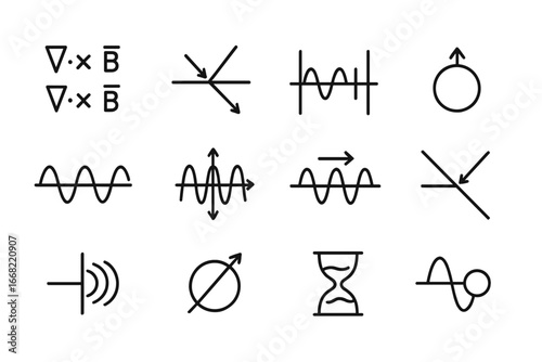 Physics Invisibility Icons. Outline icon set of invisibility concepts in physics: Maxwell’s equations, Snell’s