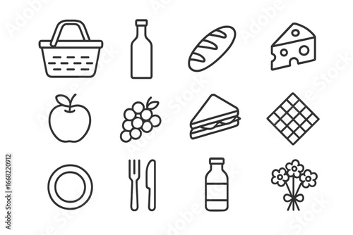 Picnic Basket Icon Set. Outline icon set of picnic baskets: picnic basket, wine bottle, bread loaf, cheese