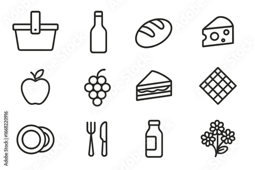 Picnic Basket Icon Set. Outline icon set of picnic baskets: picnic basket, wine bottle, bread loaf, cheese
