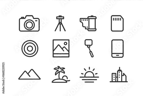 Photography Icon Set. Outline icon set of photography moments: DSLR camera, tripod, film roll, memory card,