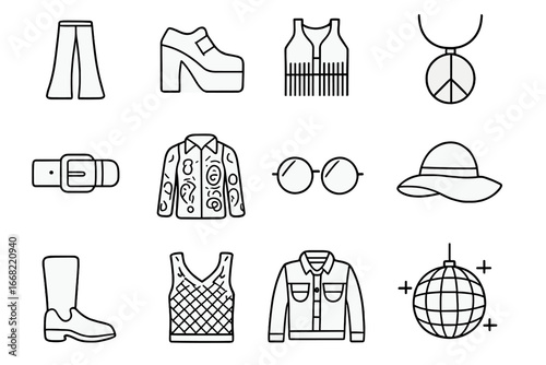 70s Fashion Icons. Outline icon set of 70s fashion trends: bell-bottom pants, platform shoes, fringed vest,