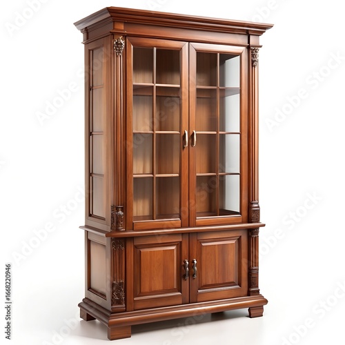 Ornate wooden glass display cabinet with two doors
