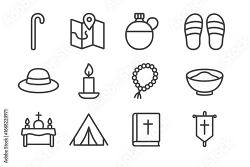 Pilgrimage Icons Collection. Outline icon set of pilgrimage rituals: walking staff, map, water flask, sandals,