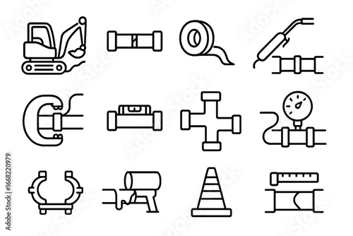 Pipe Installation Icons. Outline icon set of pipe installation process: trench digger, pipe alignment, sealing