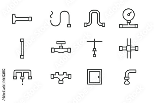 Plumbing System Blueprint Icons. Outline icon set of plumbing system blueprint: cold pipe, hot pipe, expansion