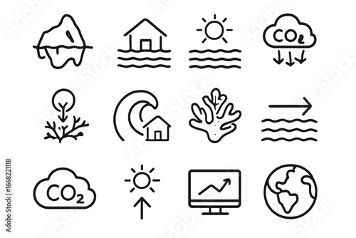 Climate Change Icons. Outline icon set of climate change and oceans: melting ice, rising sea level, warming