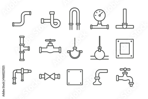 Plumbing System Blueprint Icons. Outline icon set of plumbing system blueprint: cold pipe, hot pipe, expansion