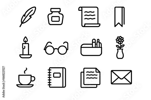 Poetry Icons Grid. Outline icon set of poetry writing: feather quill, ink bottle, parchment paper, bookmark,