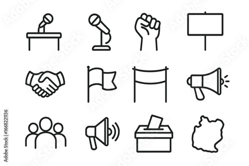 Political Rally Icons. Outline icon set of political rallies: podium, microphone, raised fist, protest sign,