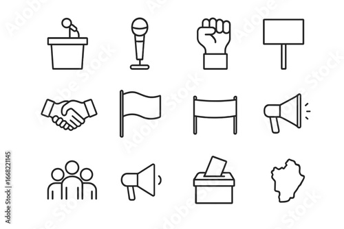 Political Rally Icons. Outline icon set of political rallies: podium, microphone, raised fist, protest sign,