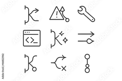 Code Merge Icon Set. Outline icon set of code merge operations: merge arrow, conflict alert, resolution tool,