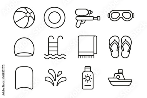 Pool Play Icons. Outline icon set of kids playing in the pool: beach ball, inflatable ring, water gun, goggles