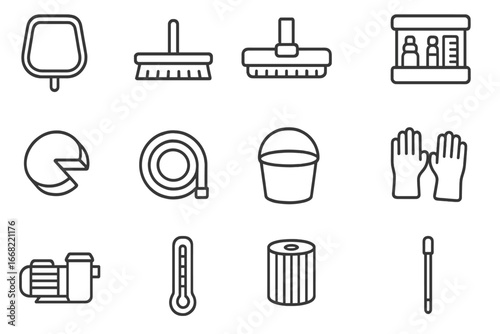 Pool Tools Icons. Outline icon set of pool maintenance tools: skimmer net, pool brush, vacuum head, test kit,