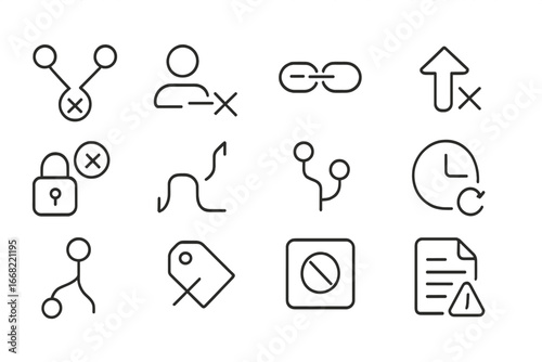 Troubleshooting Icon Set. Outline icon set of troubleshooting version control issues: merge conflict, detached