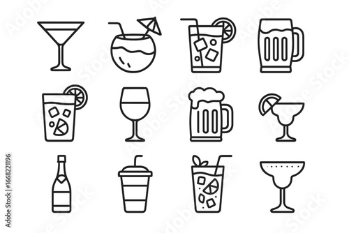 Poolside Drinks Icons. Outline icon set of poolside drinks: cocktail glass, coconut drink, iced tea, lemonade,