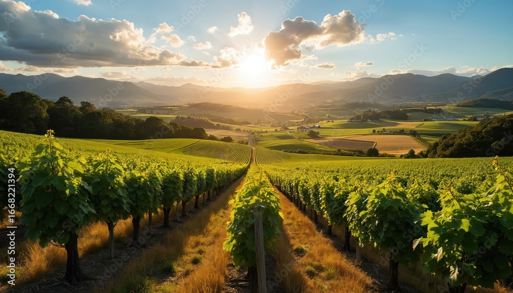 Fototapeta premium Expansive vineyards bathed in golden sunlight, rows of rich green grapevines stretch towards rolling hills, distant mountains. Landscape suggests viticulture, wine production, scenic tourism