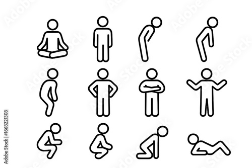 Posture Icon Grid. Outline icon set of posture in communication: sitting cross-legged, standing straight,